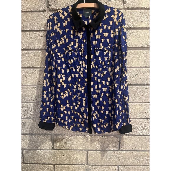 Maeve Penguin Print Button-Up Blouse Size 8 Blue & Beige With Black Accents - Picture 1 of 8
